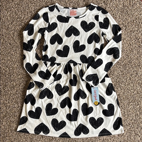 Cat & Jack Black and Cream Heart Print Long Sleeve Dress Girls Size XL - Picture 1 of 4